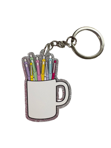 Mug with Pens Glitter Keychain